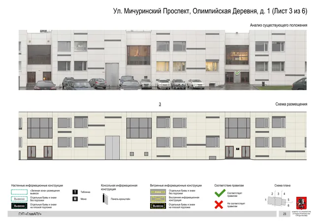 Архитектурная концепция размещения вывесок — Мичуринский олимпийская деревня улица, 1, Москва, лист 3 из 6 · Документ по адресу · Архитектурно-художественная концепция · 2016 год