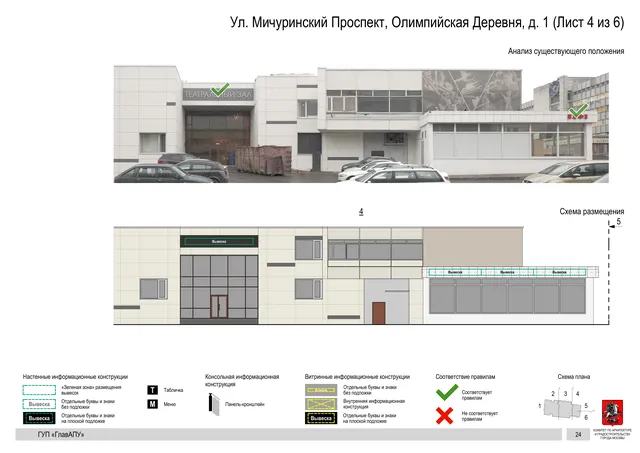 Архитектурная концепция размещения вывесок — Мичуринский олимпийская деревня улица, 1, Москва, лист 4 из 6 · Документ по адресу · Архитектурно-художественная концепция · 2016 год
