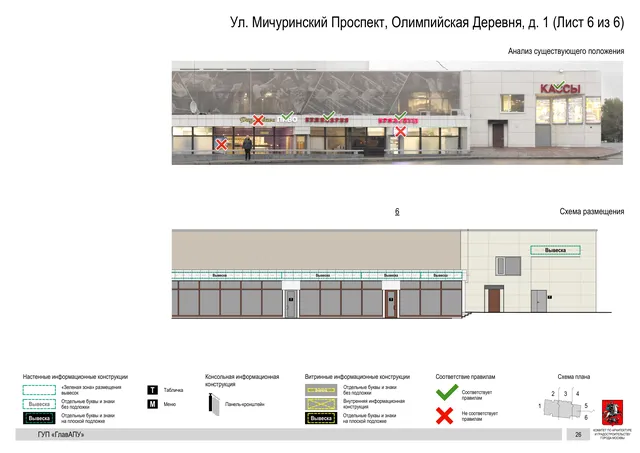 Архитектурная концепция размещения вывесок — Мичуринский олимпийская деревня улица, 1, Москва, лист 6 из 6 · Документ по адресу · Архитектурно-художественная концепция · 2016 год