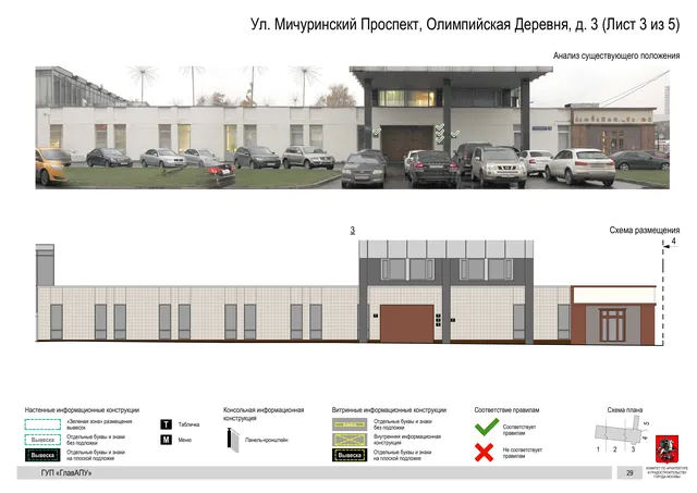 Архитектурная концепция размещения вывесок — Мичуринский олимпийская деревня улица, 3, Москва, лист 3 из 5 · Документ по адресу · Архитектурно-художественная концепция · 2016 год