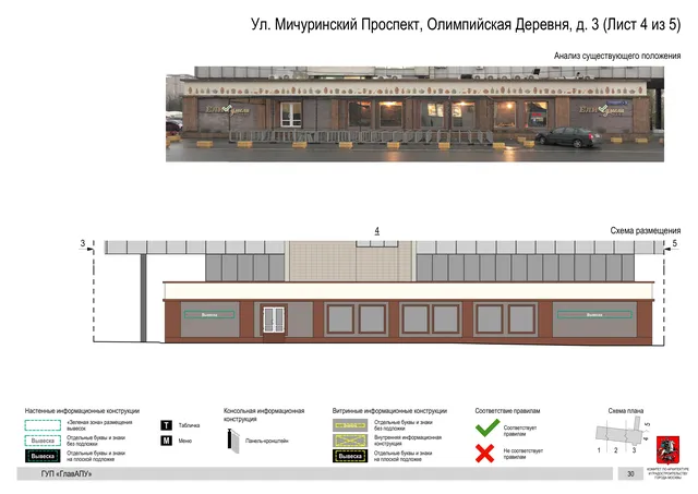 Архитектурная концепция размещения вывесок — Мичуринский олимпийская деревня улица, 3, Москва, лист 4 из 5 · Документ по адресу · Архитектурно-художественная концепция · 2016 год