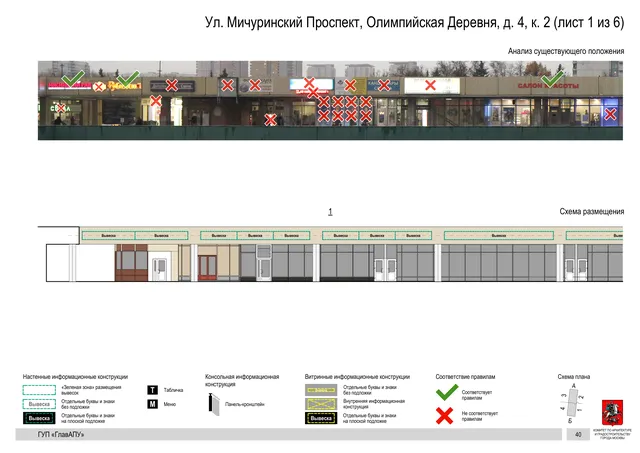 Архитектурная концепция размещения вывесок — Мичуринский олимпийская деревня улица, 4, корп. 2, Москва, лист 1 из 6 · Документ по адресу · Архитектурно-художественная концепция · 2016 год