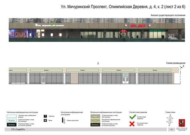 Архитектурная концепция размещения вывесок — Мичуринский олимпийская деревня улица, 4, корп. 2, Москва, лист 2 из 6 · Документ по адресу · Архитектурно-художественная концепция · 2016 год