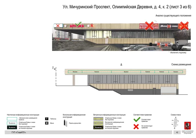 Архитектурная концепция размещения вывесок — Мичуринский олимпийская деревня улица, 4, корп. 2, Москва, лист 3 из 6 · Документ по адресу · Архитектурно-художественная концепция · 2016 год