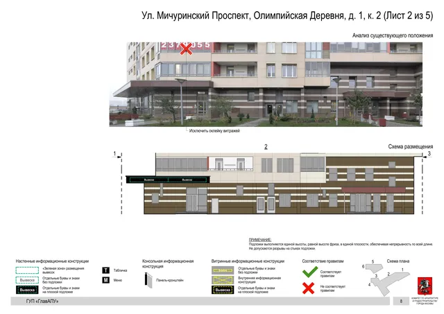 Архитектурная концепция размещения вывесок — Мичуринский олимпийская деревня улица, 1, корп. 2, Москва, лист 2 из 5 · Документ по адресу · Архитектурно-художественная концепция · 2016 год