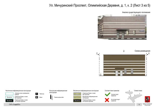 Архитектурная концепция размещения вывесок — Мичуринский олимпийская деревня улица, 1, корп. 2, Москва, лист 3 из 5 · Документ по адресу · Архитектурно-художественная концепция · 2016 год