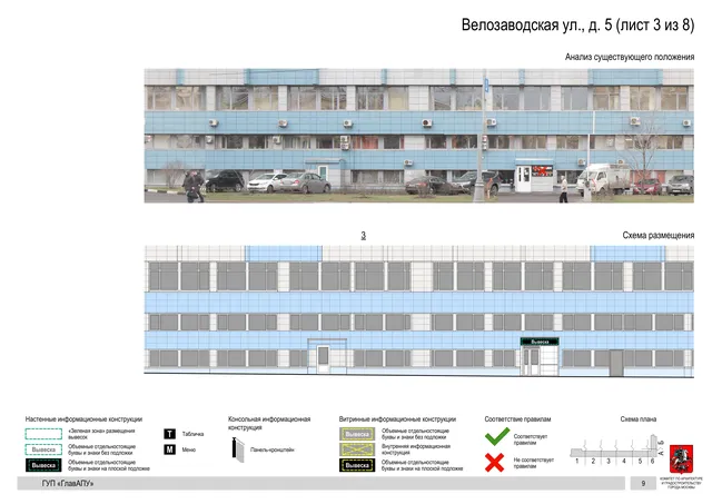 Архитектурная концепция размещения вывесок — Велозаводская улица, 5, Москва, лист 3 из 8 · Документ по адресу · Архитектурно-художественная концепция · 2019 год