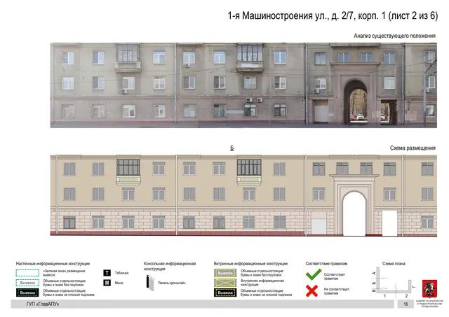 Архитектурная концепция размещения вывесок — 1-я машиностроения улица, 2/7, корп. 1, Москва, лист 2 из 6 · Документ по адресу · Архитектурно-художественная концепция · 2019 год