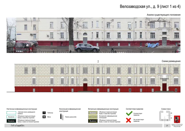 Архитектурная концепция размещения вывесок — Велозаводская улица, 9, Москва, лист 1 из 4 · Документ по адресу · Архитектурно-художественная концепция · 2019 год