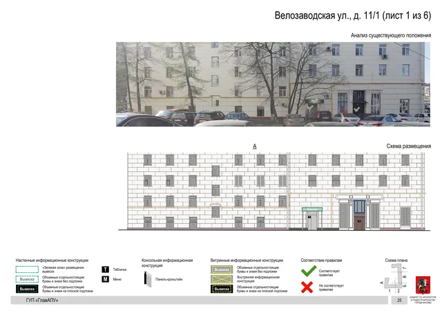 Архитектурная концепция размещения вывесок — Велозаводская улица, 11/1, Москва, лист 1 из 6 · Документ по адресу · Архитектурно-художественная концепция · 2019 год