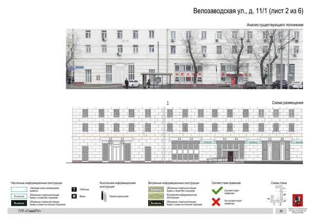 Архитектурная концепция размещения вывесок — Велозаводская улица, 11/1, Москва, лист 2 из 6 · Документ по адресу · Архитектурно-художественная концепция · 2019 год
