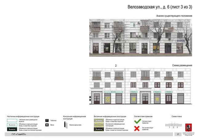 Архитектурная концепция размещения вывесок — Велозаводская улица, 6, Москва, лист 3 из 3 · Документ по адресу · Архитектурно-художественная концепция · 2019 год