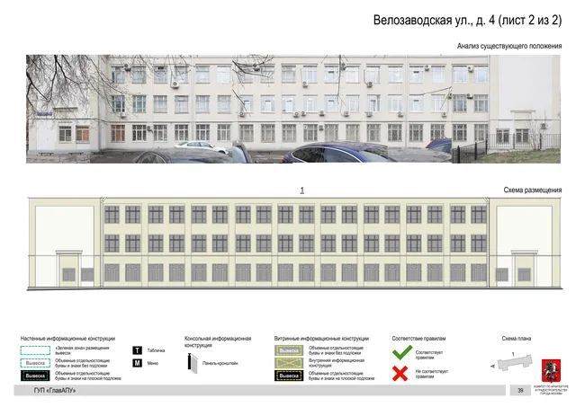 Архитектурная концепция размещения вывесок — Велозаводская улица, 4, Москва, лист 2 из 2 · Документ по адресу · Архитектурно-художественная концепция · 2019 год
