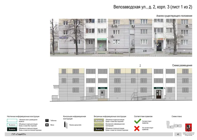 Архитектурная концепция размещения вывесок — Велозаводская улица, 2, корп. 3, Москва, лист 1 из 2 · Документ по адресу · Архитектурно-художественная концепция · 2019 год