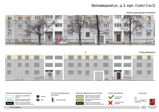Архитектурная концепция размещения вывесок — Велозаводская улица, 2, корп. 3, Москва, лист 2 из 2 · Документ по адресу · Архитектурно-художественная концепция · 2019 год