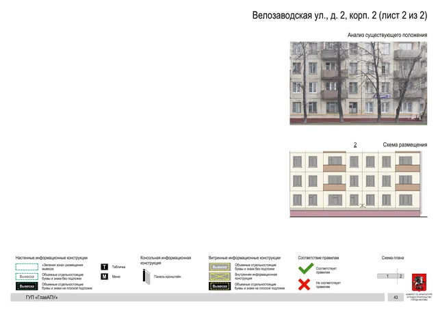 Архитектурная концепция размещения вывесок — Велозаводская улица, 2, корп. 2, Москва, лист 2 из 2 · Документ по адресу · Архитектурно-художественная концепция · 2019 год