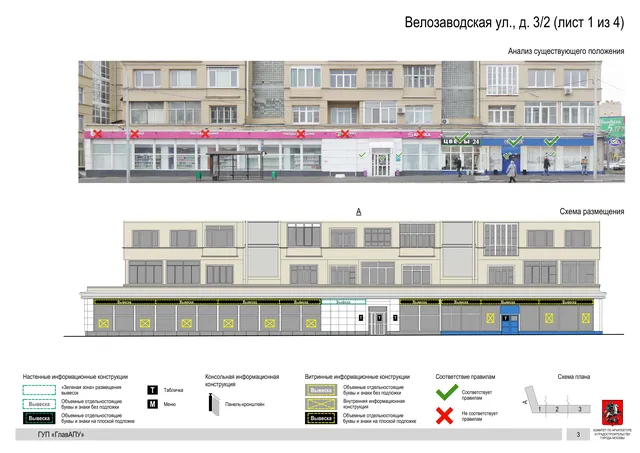 Архитектурная концепция размещения вывесок — Велозаводская улица, 3/2, Москва, лист 1 из 4 · Документ по адресу · Архитектурно-художественная концепция · 2019 год