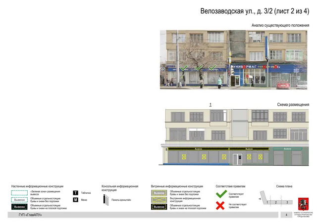 Архитектурная концепция размещения вывесок — Велозаводская улица, 3/2, Москва, лист 2 из 4 · Документ по адресу · Архитектурно-художественная концепция · 2019 год