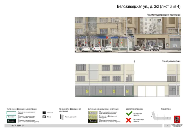 Архитектурная концепция размещения вывесок — Велозаводская улица, 3/2, Москва, лист 3 из 4 · Документ по адресу · Архитектурно-художественная концепция · 2019 год