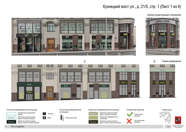 Архитектурная концепция размещения вывесок — Кузнецкий мост улица, 21/5, стр. 1, Москва, лист 1 из 4 · Документ по адресу · Архитектурно-художественная концепция