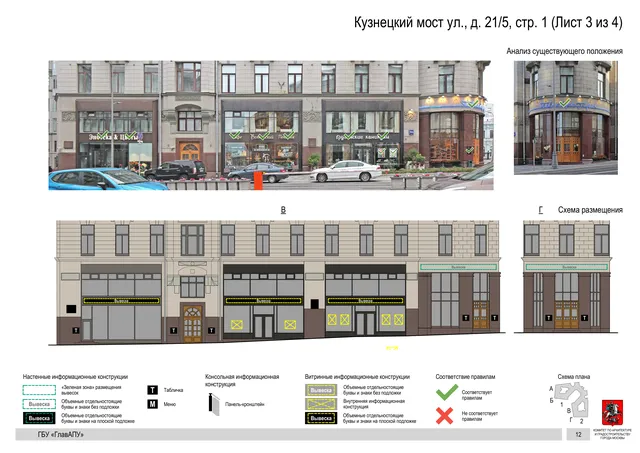 Архитектурная концепция размещения вывесок — Кузнецкий мост улица, 21/5, стр. 1, Москва, лист 3 из 4 · Документ по адресу · Архитектурно-художественная концепция