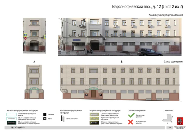 Варсонофьевский пер., д. 12 (Лист 2 из 2) · PDF 17 Архитектурная концепция размещения вывесок — Варсонофьевский переулок, 12, Москва, лист 2 из 2 · Документ по адресу · Архитектурно-художественная концепция