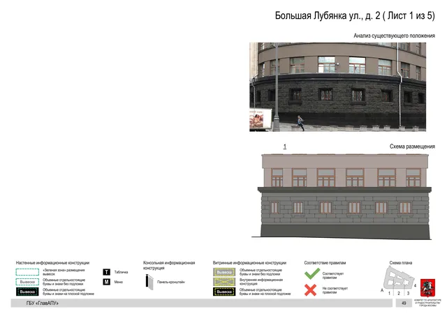 Архитектурная концепция размещения вывесок — Большая лубянка улица, 2, Москва, лист 1 из 5 · Документ по адресу · Архитектурно-художественная концепция