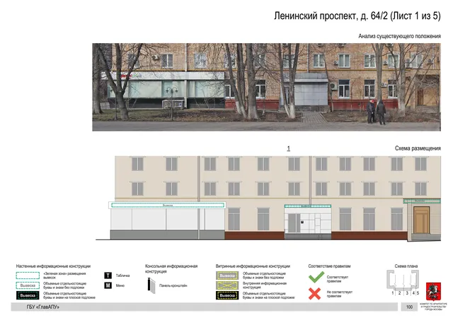 Архитектурная концепция размещения вывесок — Ленинский проспект, 64/2, Москва, лист 1 из 5 · Документ по адресу · Архитектурно-художественная концепция · 2020 год