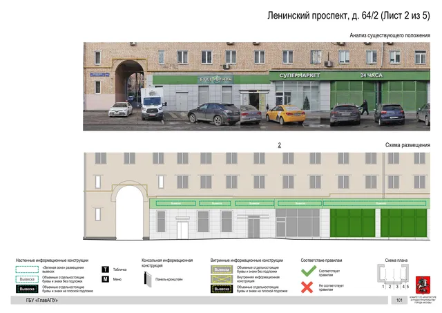 Архитектурная концепция размещения вывесок — Ленинский проспект, 64/2, Москва, лист 2 из 5 · Документ по адресу · Архитектурно-художественная концепция · 2020 год