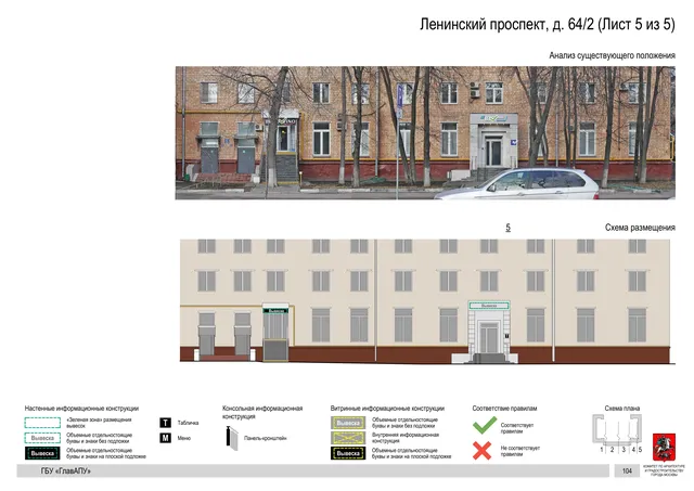 Архитектурная концепция размещения вывесок — Ленинский проспект, 64/2, Москва, лист 5 из 5 · Документ по адресу · Архитектурно-художественная концепция · 2020 год