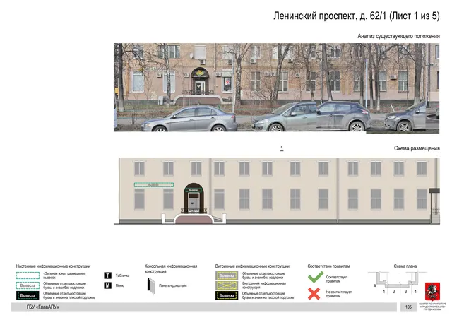 Архитектурная концепция размещения вывесок — Ленинский проспект, 62/1, Москва, лист 1 из 5 · Документ по адресу · Архитектурно-художественная концепция · 2020 год