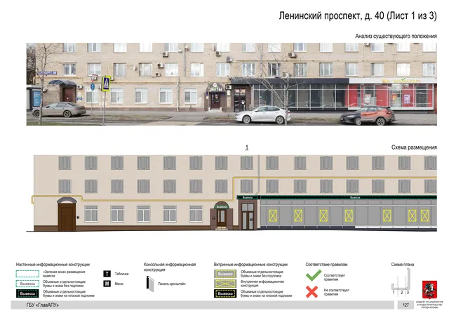 Архитектурная концепция размещения вывесок — Ленинский проспект, 40, Москва, лист 1 из 3 · Документ по адресу · Архитектурно-художественная концепция · 2020 год