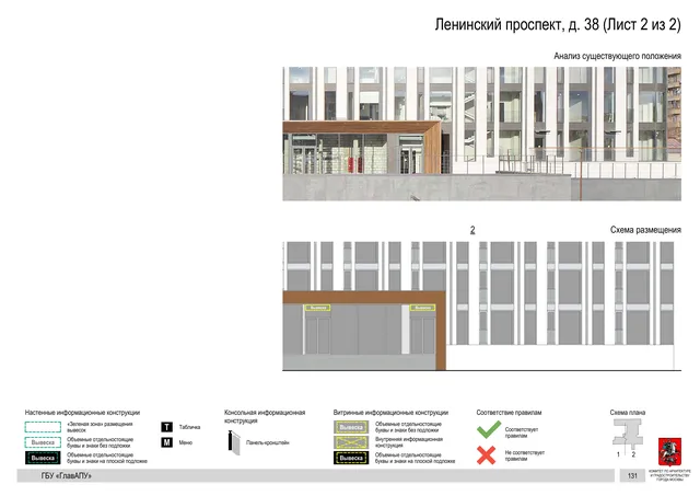 Архитектурная концепция размещения вывесок — Ленинский проспект, 38, Москва, лист 2 из 2 · Документ по адресу · Архитектурно-художественная концепция · 2020 год