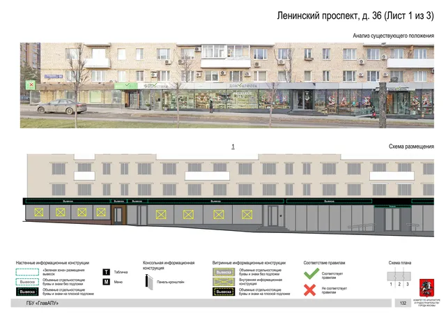 Архитектурная концепция размещения вывесок — Ленинский проспект, 36, Москва, лист 1 из 3 · Документ по адресу · Архитектурно-художественная концепция · 2020 год