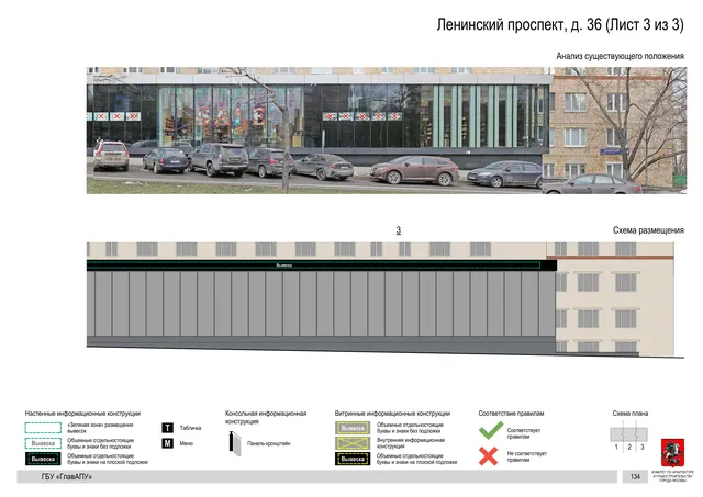 Архитектурная концепция размещения вывесок — Ленинский проспект, 36, Москва, лист 3 из 3 · Документ по адресу · Архитектурно-художественная концепция · 2020 год