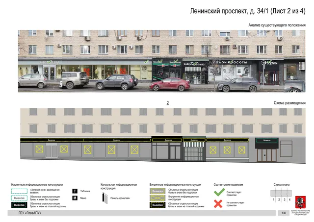 Архитектурная концепция размещения вывесок — Ленинский проспект, 34/1, Москва, лист 2 из 4 · Документ по адресу · Архитектурно-художественная концепция · 2020 год