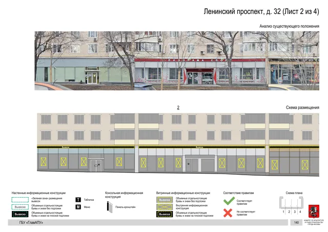 Архитектурная концепция размещения вывесок — Ленинский проспект, 32, Москва, лист 2 из 4 · Документ по адресу · Архитектурно-художественная концепция · 2020 год