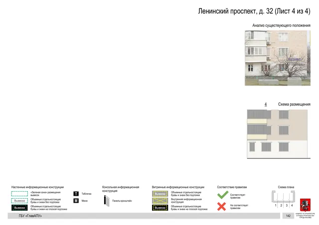 Архитектурная концепция размещения вывесок — Ленинский проспект, 32, Москва, лист 4 из 4 · Документ по адресу · Архитектурно-художественная концепция · 2020 год