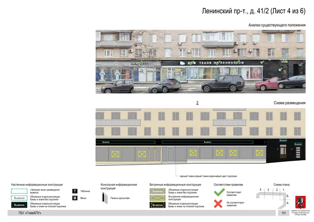 Архитектурная концепция размещения вывесок — Ленинский проспект, 41/2, Москва, лист 4 из 6 · Документ по адресу · Архитектурно-художественная концепция · 2020 год