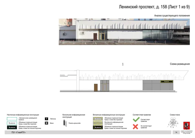 Архитектурная концепция размещения вывесок — Ленинский проспект, 158, Москва, лист 1 из 9 · Документ по адресу · Архитектурно-художественная концепция · 2020 год
