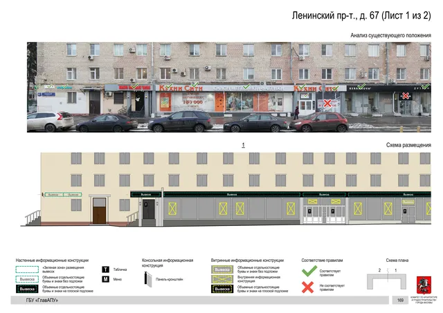 Архитектурная концепция размещения вывесок — Ленинский проспект, 67, Москва, лист 1 из 2 · Документ по адресу · Архитектурно-художественная концепция · 2020 год