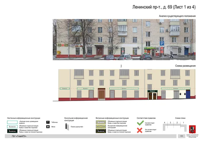 Архитектурная концепция размещения вывесок — Ленинский проспект, 69, Москва, лист 1 из 4 · Документ по адресу · Архитектурно-художественная концепция · 2020 год
