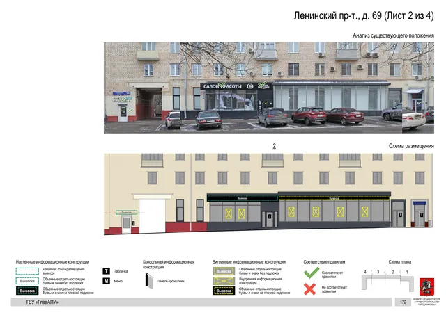 Архитектурная концепция размещения вывесок — Ленинский проспект, 69, Москва, лист 2 из 4 · Документ по адресу · Архитектурно-художественная концепция · 2020 год