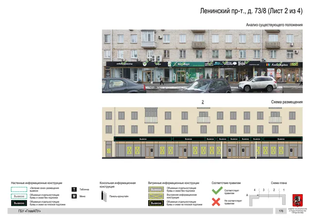 Архитектурная концепция размещения вывесок — Ленинский проспект, 73/8, Москва, лист 2 из 4 · Документ по адресу · Архитектурно-художественная концепция · 2020 год