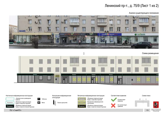 Архитектурная концепция размещения вывесок — Ленинский проспект, 75/9, Москва, лист 1 из 2 · Документ по адресу · Архитектурно-художественная концепция · 2020 год