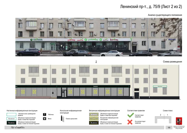 Архитектурная концепция размещения вывесок — Ленинский проспект, 75/9, Москва, лист 2 из 2 · Документ по адресу · Архитектурно-художественная концепция · 2020 год