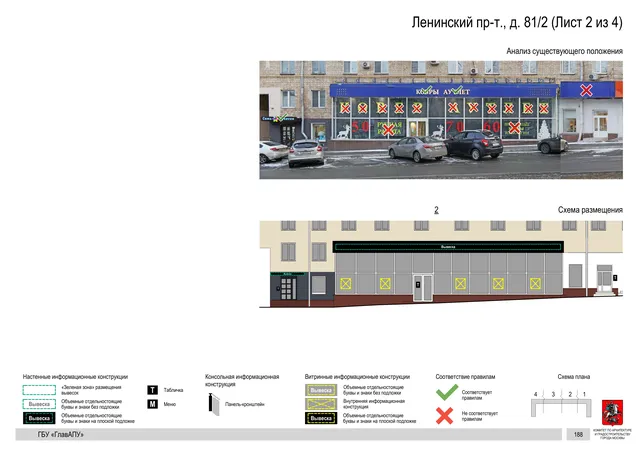Архитектурная концепция размещения вывесок — Ленинский проспект, 81/2, Москва, лист 2 из 4 · Документ по адресу · Архитектурно-художественная концепция · 2020 год