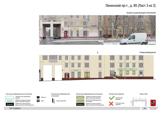 Архитектурная концепция размещения вывесок — Ленинский проспект, 85, Москва, лист 3 из 3 · Документ по адресу · Архитектурно-художественная концепция · 2020 год