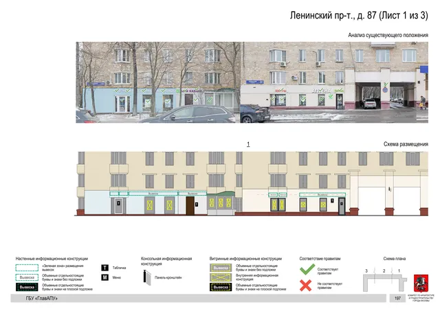 Архитектурная концепция размещения вывесок — Ленинский проспект, 87, Москва, лист 1 из 3 · Документ по адресу · Архитектурно-художественная концепция · 2020 год