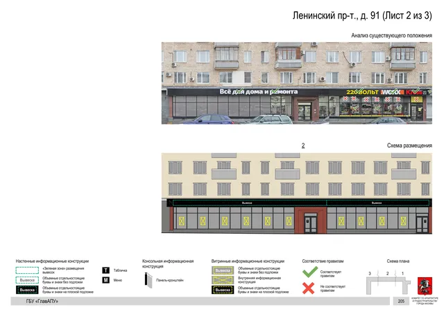 Архитектурная концепция размещения вывесок — Ленинский проспект, 91, Москва, лист 2 из 3 · Документ по адресу · Архитектурно-художественная концепция · 2020 год